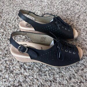 WORISHOFER 583 Black Leather Sling Back Wedge Sandal With Lace US 10 EU 41